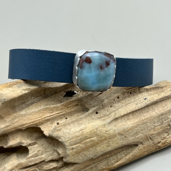 Handmade Jewelry - Elegant Soft Blue Leather Artisan Bracelet with Sterling Silver Accents